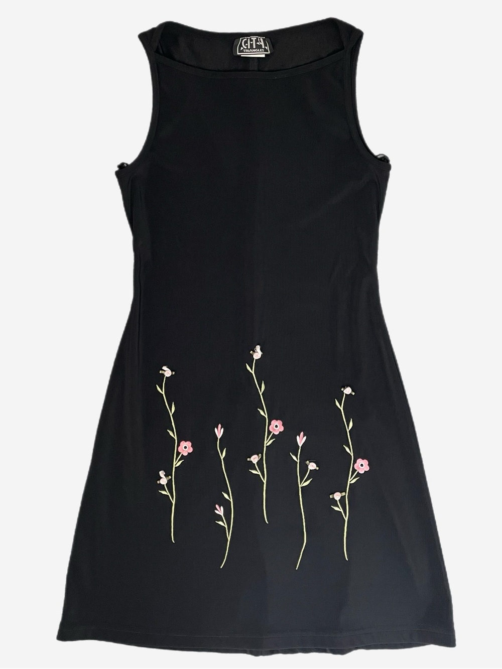 Vintage Y2K City Triangles Black boatneck floral embroidery rosette mini dress S - Picture 6 of 10